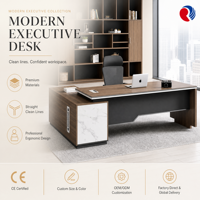 Bureau de direction en forme de L avec panneau en marbre, plateau en bois de noyer, table de bureau moderne de luxe pour PDG, base en charbon de bois