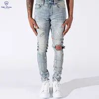 Özel boya sıçramak yırtık Pantalones De Hombre kot erkek açık mavi Skinny Jeans