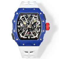Montre mécanique automatique pour homme, design de créateur, en fibre de carbone bleue, en forme de barillet, squelette, sport, affaires, étanche