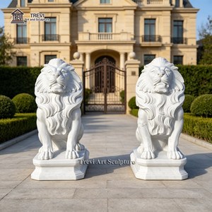 Paire de statues de lions en marbre <span class=keywords><strong>blanc</strong></span> grandeur nature, sculptées à la main, sculpture de lion gardien debout pour entrée de villa, manoir, portail extérieur - Product Image 4