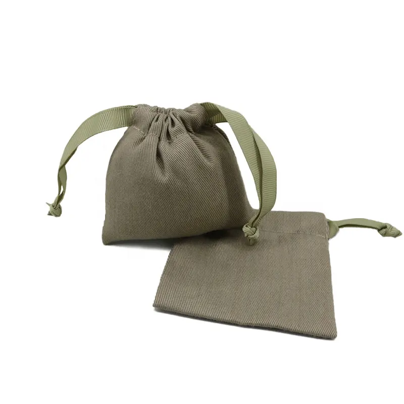 100% tas katun alami kustom kanvas katun hijau mini kantung kemasan tali twill tas hadiah kecil dengan pita
