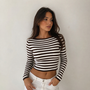Suéter Vintage Y2K de Manga Larga con Rayas de Lana, Corte Ajustado, Ecológico, Antiarrugas, Estampado Digital Otoñal, Top en Oferta - Product Image 2