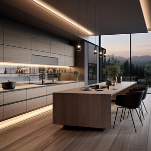 Muebles de Cocina de Diseño Moderno de Fábrica de Foshan, Gabinete de Cocina Modular de Madera Contrachapada con Chapa de Madera Personalizada para Villa - Product Image 5