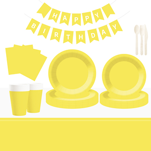 DAMAI – Vaisselle jetable unie jaune vif pour fêtes, assiettes de 7 et 9 pouces, gobelets en papier, serviettes - Product Image 1