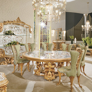 Chaise de salle à manger en bois massif sculpté français luxueux haut de gamme avec revêtement en tissu vert - Product Image 4