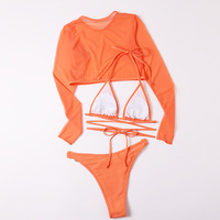 Dames Effen Oranje Doorschijnende Mesh Bikini Set Met Lange Mouwen En Kriskras Stropdas Metalen Ringbroek Sexy Badkleding Ademend Snel Droog