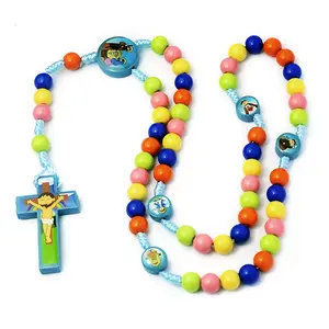 NEW Cartoon Cross Pendant Necklace Rosary Beads Catholic Jesus Christian Religion Necklace For Kids