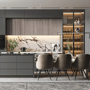 Armoires de rangement sans poignée SANTOPOVA, gris clair brillant, design de meubles de cuisine, armoire de cuisine moderne/armoire de cuisine - Product Image 1