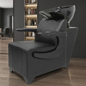 Fauteuil de lavage noir pour salon de coiffure avec cuvette en céramique et revêtement en cuir - Product Image 3