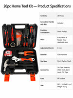 Ensemble d'outils à main en acier au carbone de 20 pièces avec étui rigide, tournevis, pinces, marteau, clé hexagonale, ruban à mesurer pour l'entretien domestique