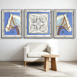 Peinture artisanale de cheval en texture style nordique moderne, <span class=keywords><strong>triptyque</strong></span> encadré pour fond de canapé, arts muraux - Product Image 1