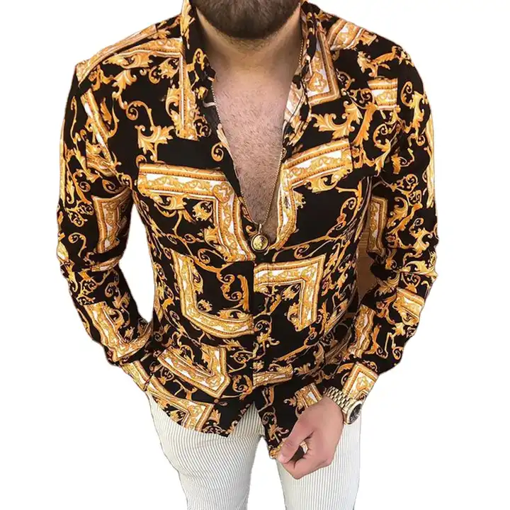 Chemise dorée à manches longues pour homme - Chemise imprimée - Blanc - 3XL  : : Mode