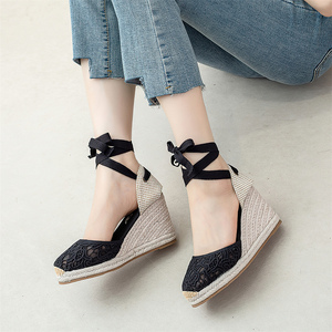 Sandales <span class=keywords><strong>compensées</strong></span> légères antidérapantes pour femmes, style <span class=keywords><strong>espadrilles</strong></span> en jute, <span class=keywords><strong>à</strong></span> lacets et bout fermé - Product Image 5