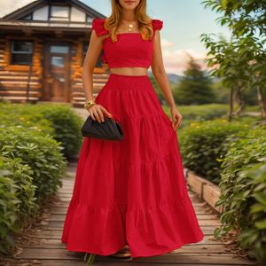 Nouvelle Robe <span class=keywords><strong>Longue</strong></span> Deux Pièces Élégante et Sexy, Couleur Unie, Sans Col, Taille Mi-Haute, à Bretelles, Grande Ampleur, pour l'Été - Product Image 2