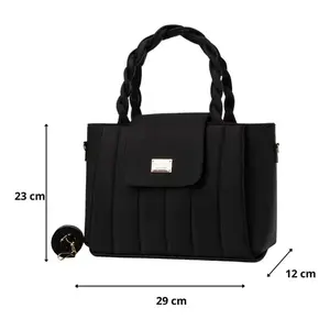 Bolso de mano con solapa para mujer Fana Kaira, material de poliuretano negro, asa trenzada, estilo informal - Product Image 3