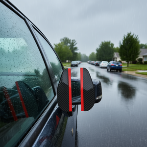 Paquete de 2 protectores de lluvia para espejos laterales, ajuste universal, estilo de fibra de carbono negro con franja roja, protectores de espejos impermeables para coche, camión, SUV - Product Image 2