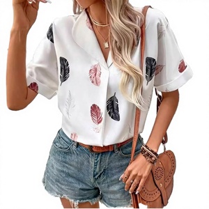 Blusa de Verano para Mujer, 6 Colores, Estampado Floral, Transpirable, de Poliéster, Moderna, con Estampado de Plumas, Manga Corta, Casual, con Botones al Frente - Product Image 2