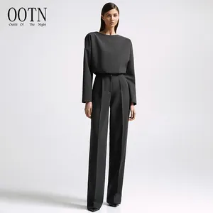 OOTN-Conjuntos de negocios de dos piezas, Top de manga larga y pantalones clásicos anchos para oficina, trajes de 2 piezas