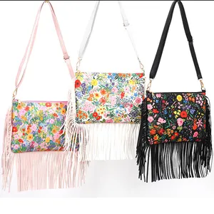 Ranzhuo bolsa de ombro com borla, bolsa de mão personalizada com estampa de flores, leve, de couro pu, com padrão de rosa