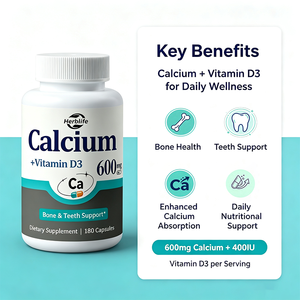 Capsules de calcium et vitamine D3 (600 mg de calcium, 400 UI de D3) pour le soutien des os et des dents, complément végétalien, marque privée OEM ODM - Product Image 3