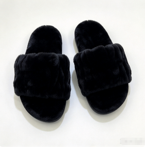 Cozy Plush Fuzzy <b>Slides</b> Open Toe Soft Faux Fur Winter Slippers Black <b>White</b> Slip On Flat Sandals Thick sole soft winter slippers - Product Image 3