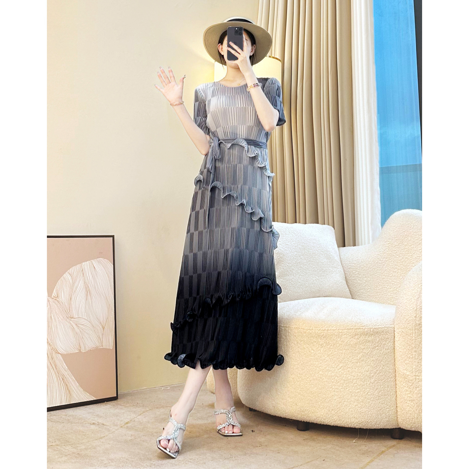 eco friendly formal dresses Fashion Design Eco-Friendly Woven Solid Beading Casual Women 2025 New Miyake Pleated Lace-up Plus Size Maxi Dress emerald green black tie dress