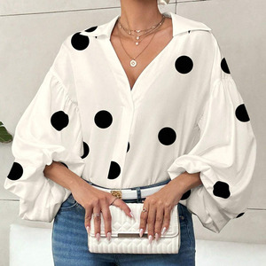 Blus Wanita Grosir Motif Polkadot V-Neck Lengan Panjang Mengembang Model Longgar - Product Image 4