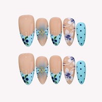 Offre Spéciale – Ongles à Presser en Acrylique Bleu Clair à Pois, Motif Fleur de Myrtille Peinte à la Main, Forme Amande, Longueur Moyenne, 10 Pièces – Idéal pour l'Été