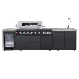 Barbecue au charbon de bois multifonctionnel moderne pour cour de villa, avec meuble de cuisine extérieur, table et panneaux muraux en bois massif - Product Image 1