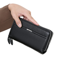 Dompet Pria Kulit PU Panjang, Kapasitas Besar, Resleting Ganda, Portabel, Tempat Ponsel, Tempat Kartu, Organizer Bisnis Sehari-hari
