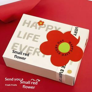 Coffret Cadeau Alimentaire Écologique Zongzi pour le Festival de la Mi-Automne, en Carton Ondulé Carré Laminé UV, Motif Petite Fleur Rouge, Idéal pour les Enseignants - Product Image 3
