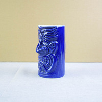 Mug Tiki en céramique bleu foncé 3D gaufré, motif tribal fureur, pour cocktail hawaïen, idéal pour bar Tiki