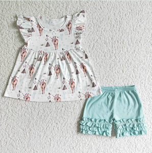 Conjuntos de peleles y shorts con volantes para bebés niñas, estilo vaquero con diseño de caballo y perlas, tipo tipi, con detalles de glaseado - Product Image 5