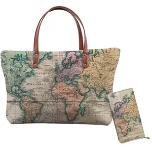 促销复古世界地图打印女士手提包和钱包设置豪华定制手提包手提包女士手提包