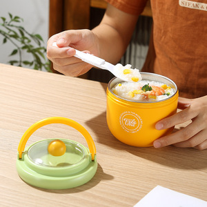 B154 lindo portátil de doble nivel a prueba de fugas plegable almuerzo comida tarro mango de acero inoxidable interior de plástico exterior fácil de llevar diario - Product Image 3