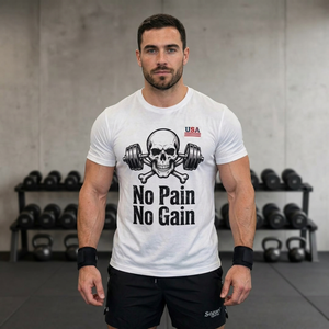 T-shirt blanc à manches courtes et col rond pour homme, motif crâne et haltère sur le devant, respirant, « No Pain No Gain », idéal pour la gym et l'entraînement - Product Image 1