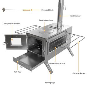Estufa de leña plegable de titanio para tienda de campaña, para clima frío, con horno para cocción y calefacción, para uso en tiendas de campaña geodésicas. - Product Image 2