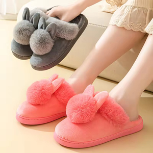 Chaussons d'hiver chauds pour la maison avec une boule unique, longues oreilles, semelle extérieure en PVC épaissie et fourrure respirante - Product Image 5