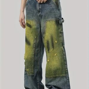 Pantalon en jean vintage délavé, jambe large, style Y2K, streetwear de créateur, jean ample pour homme, coupe droite, mi-sombre pour l'hiver - Product Image 5