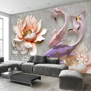 <span class=keywords><strong>Papier</strong></span> <span class=keywords><strong>peint</strong></span> mural 3D de luxe personnalisé avec photo, motif Lotus Poisson en relief stéréo, grande <span class=keywords><strong>peinture</strong></span> murale moderne pour salon, autocollant mural à décoller et à coller - Product Image 4