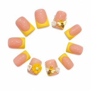 Faux ongles à presser jaunes et roses, prédécoupés, couvrance totale, avec colle, motif floral et abeille pour femmes - Product Image 4