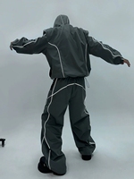 Veste à capuche sportive à design réfléchissant surdimensionné avec logo brodé personnalisé et ensemble de survêtement pantalon à jambes larges à design réfléchissant
