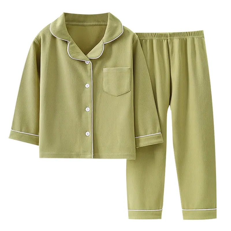 Long sleeve lapel cotton pajamas 2 pieces set autumn winter striped homewear for boys and girls