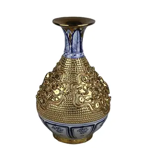 Novo produto yuan vasos de flores de ouro, azul e branco, esculpido e apertado, de jade, para coleção