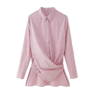 Camisa Entallada de Manga Larga para Mujer, Tejido Transpirable, Estampado de Rayas Versátil, Estilo Urbano para Primavera/Otoño, Blusa con Cinturón - Product Image 2