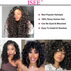 Pelucas de Cabello Humano con <span class=keywords><strong>Flequillo</strong></span>, Rizado y Voluminoso, Grueso, 12A, Doble Trama, Estilo Bob Corto, Sin Pegamento, con Cuero Cabelludo Sintético para Mujeres Negras - Product Image 5