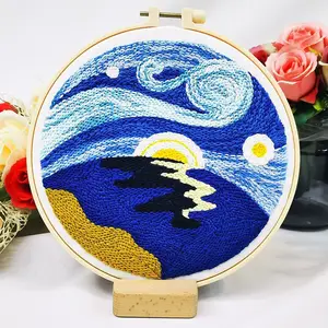 Rug Hooking Russian Hand-embroidered Fabric DIY Wool Painting Cross Stitch Embroidery Punch Needle Kits with Embroidery Hoop