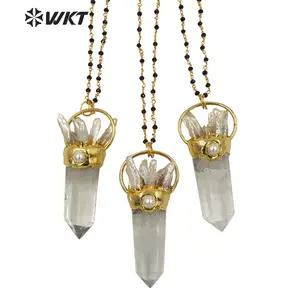 WT-N1265 colar galvanizado dourado cristal branco quartzo ponto pedra colar mulher grande pedra energia pérola