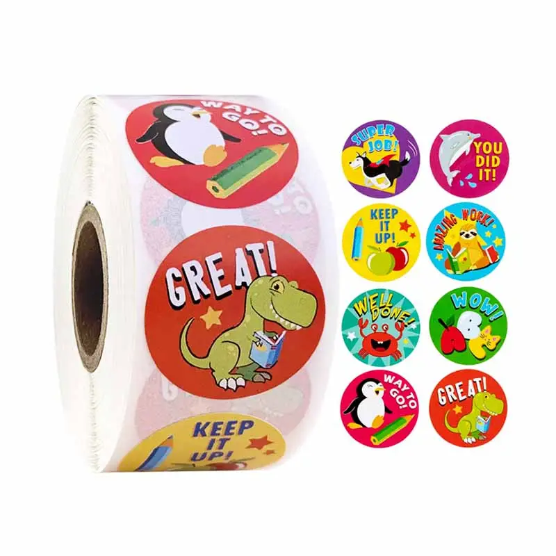 Simpatici animali dei cartoni animati rotolo di adesivi personalizzati per etichette per bambini carta vinilica rotonda forniture per insegnanti di scuola stampa di adesivi per ricompensa per bambini