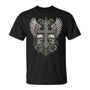 Camiseta gótica con diseño de calavera y alas cruzadas, camiseta gráfica negra para hombre, estética gótica - Product Image 1
